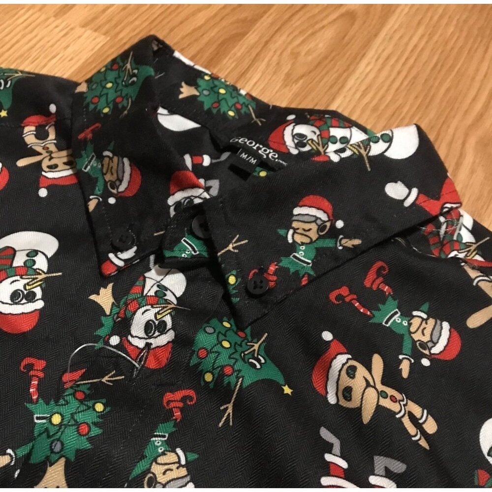 George Mens M Christmas Novelty Button Up Long Sleeve Shirt Santa  Snowman Print